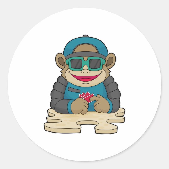 Monkey at Poker with Poker cards & Sunglasses Classic Round Sticker (Front)