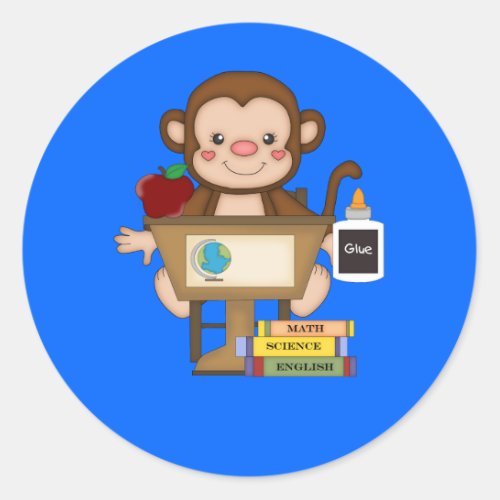 Monkey at School Sitting at Desk Classic Round Sticker