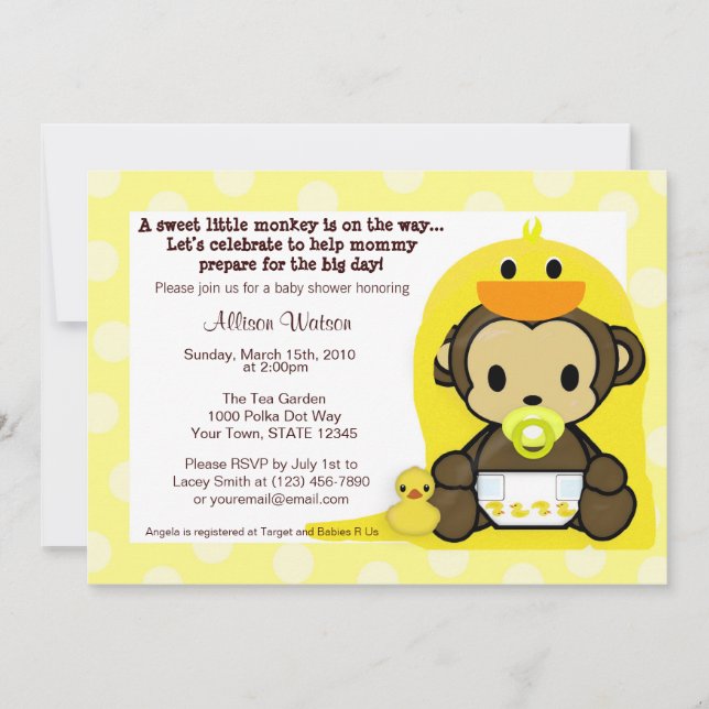 Monkey Baby Duckie Bath Shower Invitation (Front)