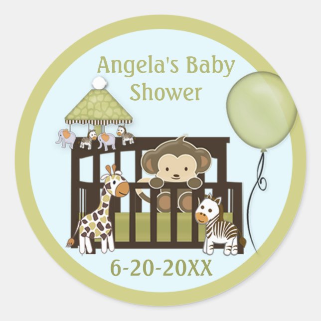 Monkey Baby Shower blank labels/seals CA-Blue #01 Classic Round Sticker (Front)