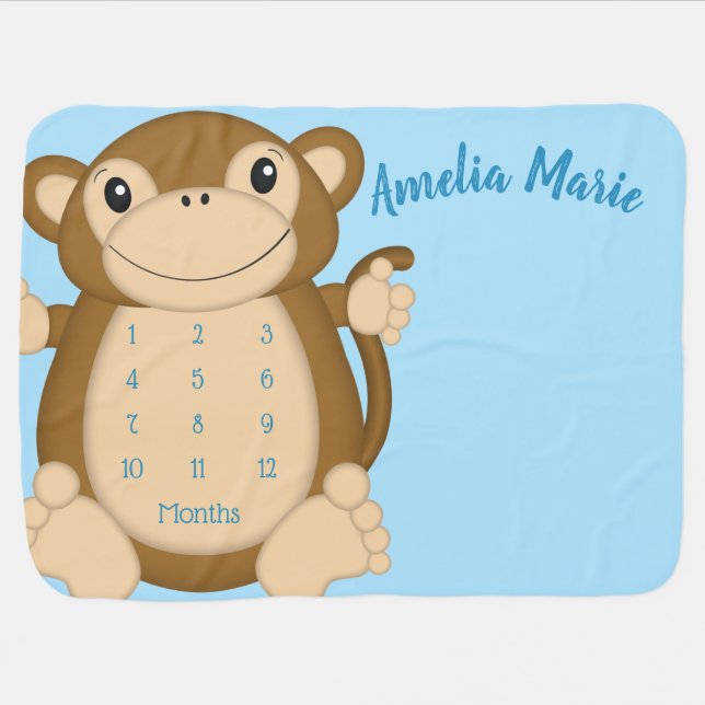 Monkey Baby Shower Blue Baby Blanket (Horizontal)