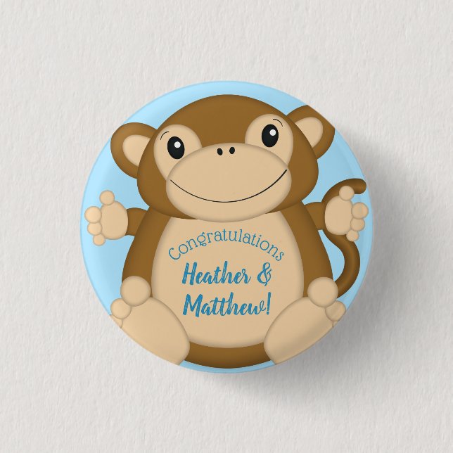 Monkey Baby Shower Blue Button (Front)