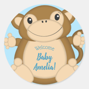 Monkey Baby Shower Blue Classic Round Sticker