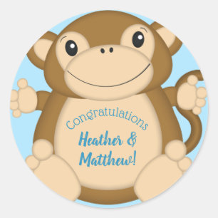 Monkey Baby Shower Blue Classic Round Sticker
