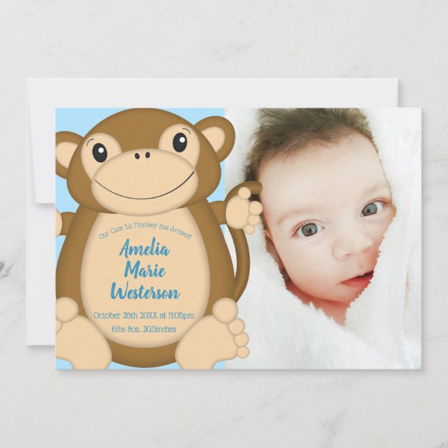 Monkey Baby Shower Blue Invitation (Front)