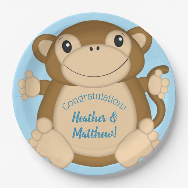 Monkey Baby Shower Blue Paper Plates (Front)