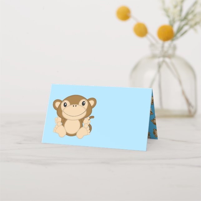 Monkey Baby Shower Blue Place Card (Front)