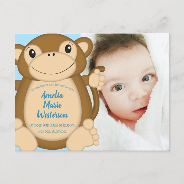 Monkey Baby Shower Blue Postcard (Front)