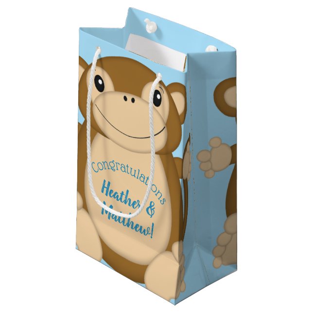 Monkey Baby Shower Blue Small Gift Bag (Front Angled)
