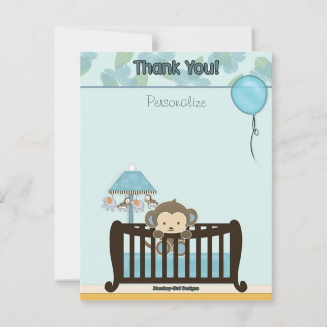 Monkey Baby Shower FLAT#1 Thank You BLUE Note Card (Front)
