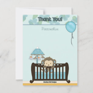 Monkey Baby Shower FLAT#1 Thank You BLUE Note Card