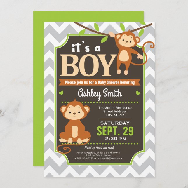 Monkey Baby Shower Invitation Boy (Front/Back)