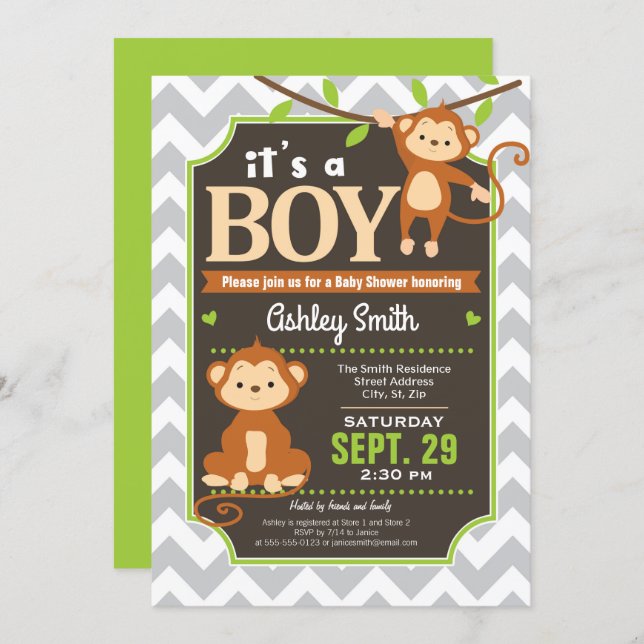 Monkey Baby Shower Invitation Boy (Front/Back)