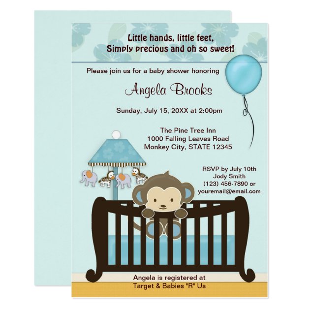 MONKEY Baby Shower Invitation Crib CJ-BLUE Boy