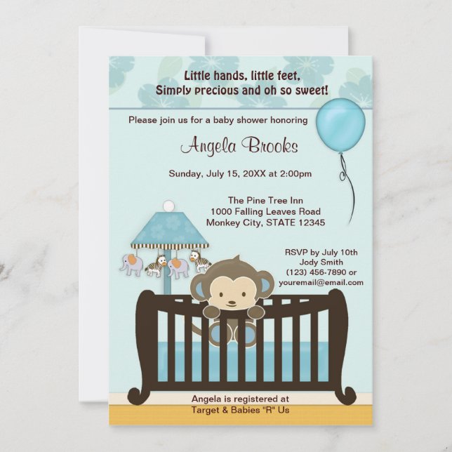 MONKEY Baby Shower Invitation Crib CJ-BLUE boy (Front)