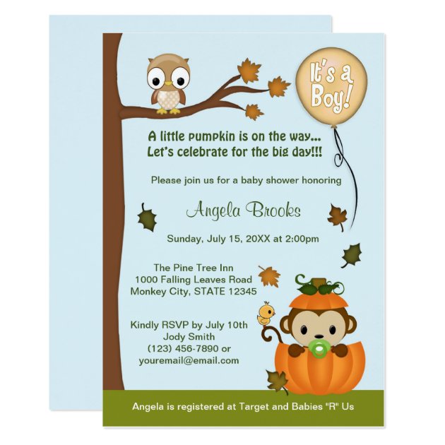 MONKEY Baby Shower Invitation Fall Pumpkin BOY