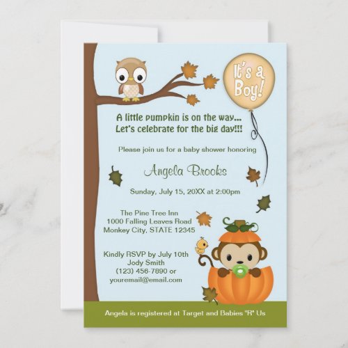 MONKEY Baby Shower Invitation Fall Pumpkin BOY