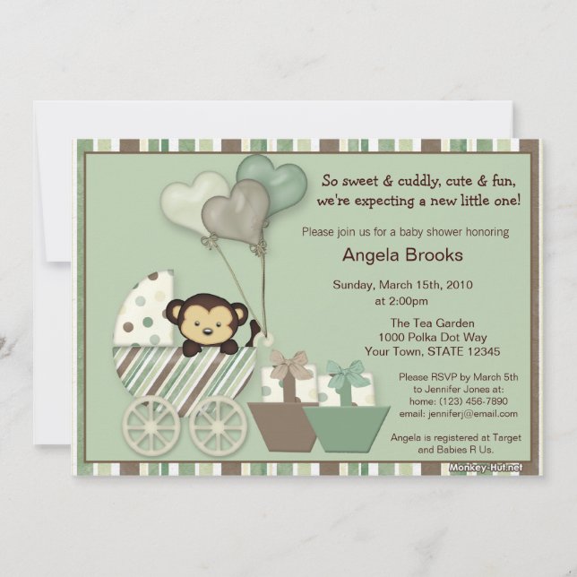 Monkey Baby Shower Invitation GREEN Carriage MPP (Front)