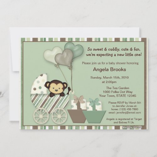 Monkey Baby Shower Invitation GREEN Carriage MPP