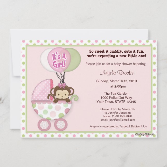 Monkey Baby Shower Invitation pink green polka dot (Front)