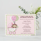 Monkey Baby Shower Invitation pink green polka dot (Standing Front)