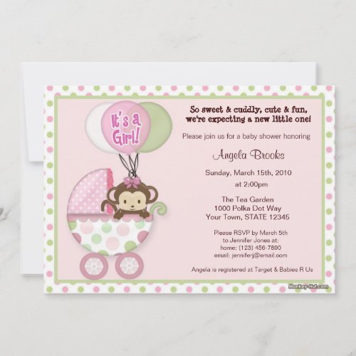 Monkey Baby Shower Invitation pink green polka dot
