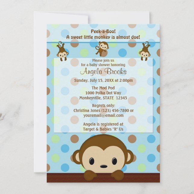 MONKEY Baby Shower invitation Polka Dot BLUE GREEN (Front)