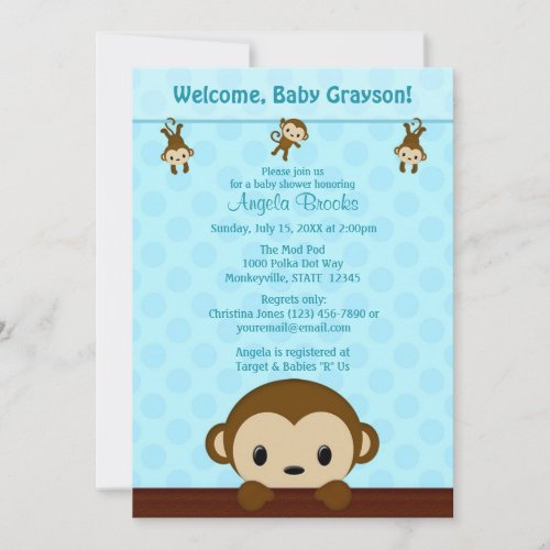 MONKEY Baby Shower invitation Polka Dot BLUE MPP3