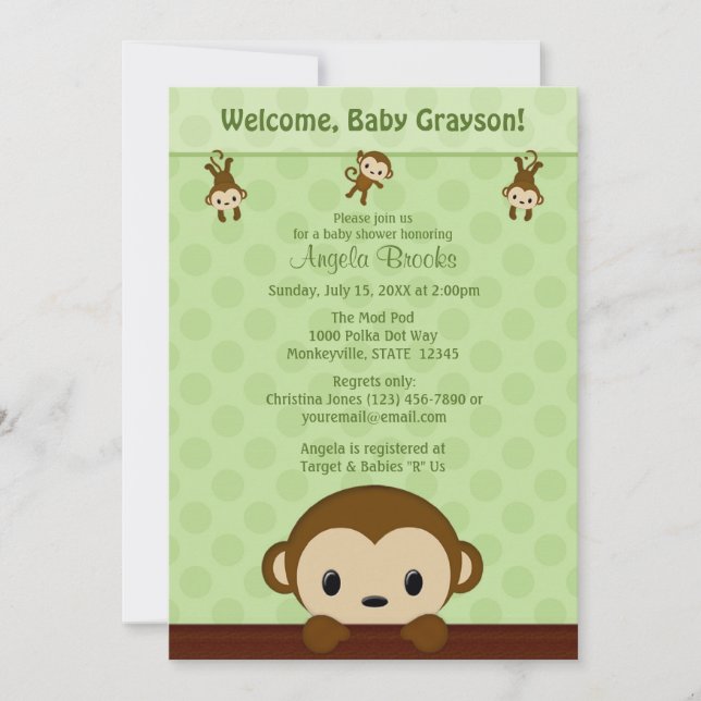 MONKEY Baby Shower invitation Polka Dot GREEN MPP3 (Front)