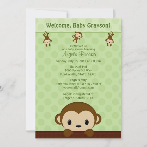 MONKEY Baby Shower invitation Polka Dot GREEN MPP3