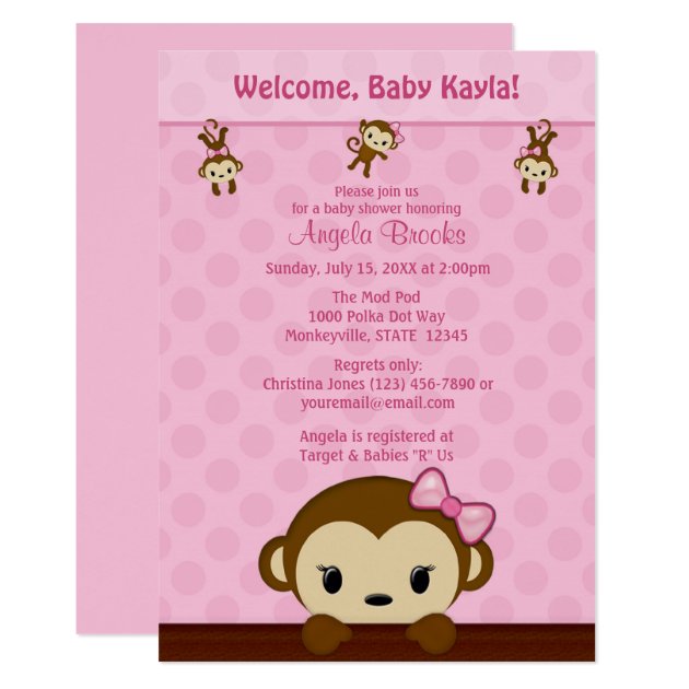 MONKEY Baby Shower Invitation Polka Dot PINK GIRL