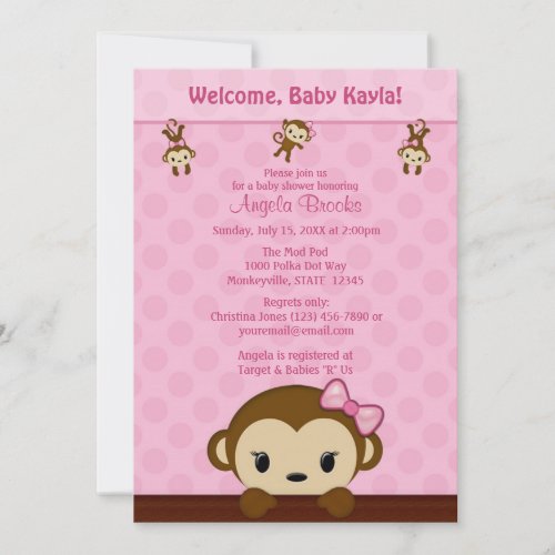 MONKEY Baby Shower invitation Polka Dot PINK GIRL