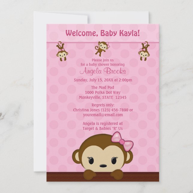 MONKEY Baby Shower invitation Polka Dot PINK GIRL (Front)