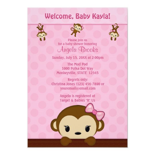 MONKEY Baby Shower invitation Polka Dot PINK GIRL | Zazzle.com