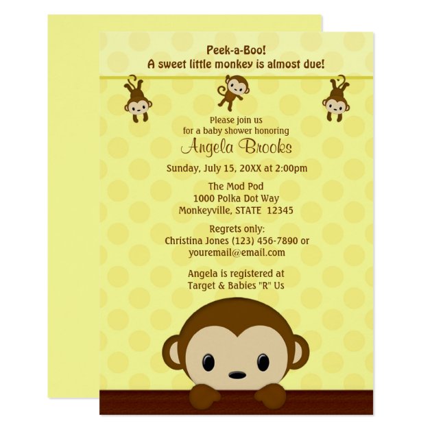 MONKEY Baby Shower Invitation Polka Dot YELLOW MPP