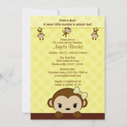 MONKEY Baby Shower invitation Polka YELLOW GIRL