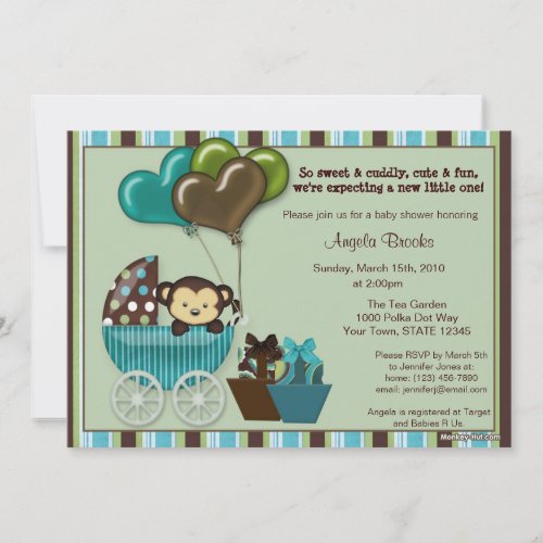 Monkey Baby Shower Invitation TEAL