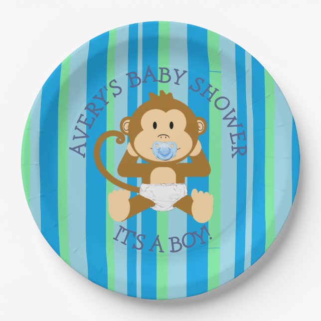 Monkey Baby Shower Its a Boy Paper Plates (Front)
