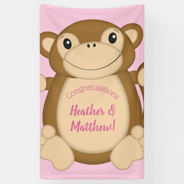 Monkey Baby Shower Pink Banner (Vertical)