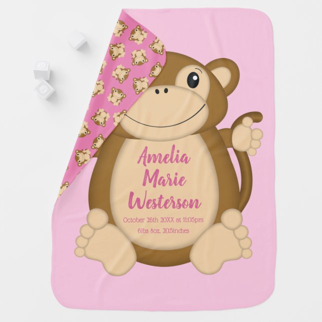 Monkey Baby Shower Pink Blanket (In Situ)