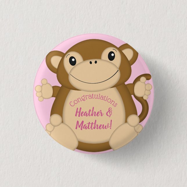 Monkey Baby Shower Pink Button (Front)