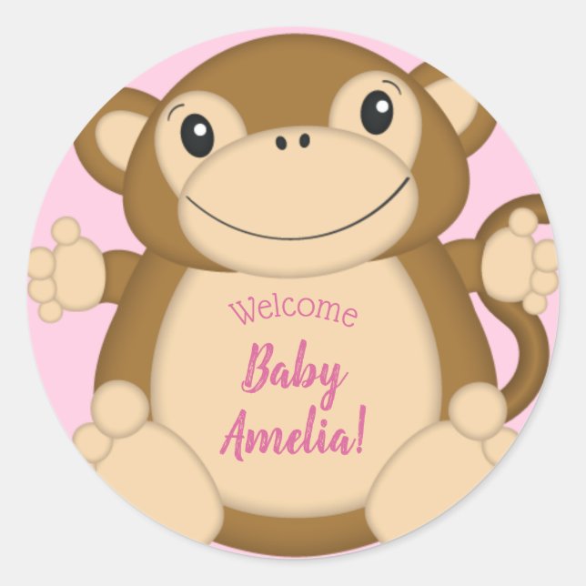 Monkey Baby Shower Pink Classic Round Sticker (Front)