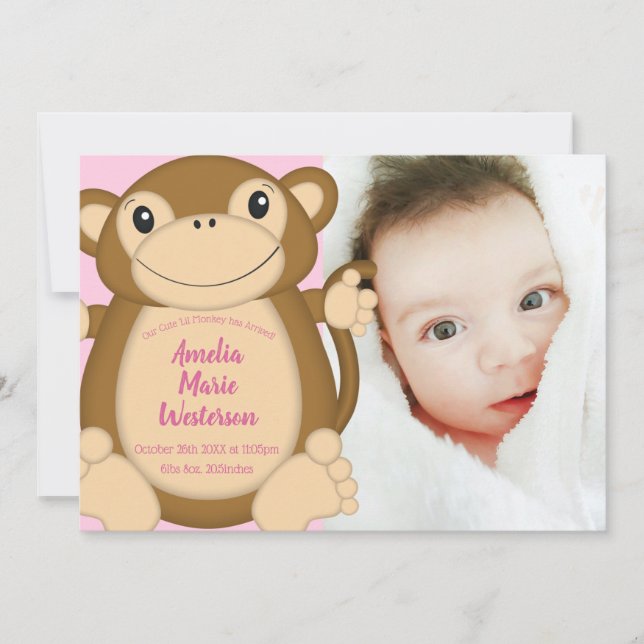 Monkey Baby Shower Pink Invitation (Front)
