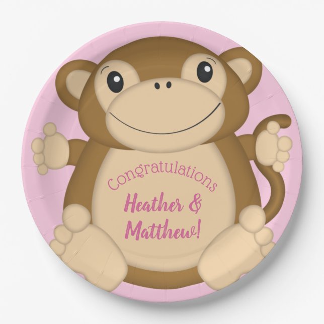 Monkey Baby Shower Pink Paper Plates (Front)