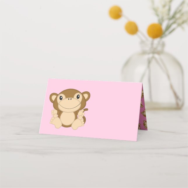 Monkey Baby Shower Pink Place Card (Front)