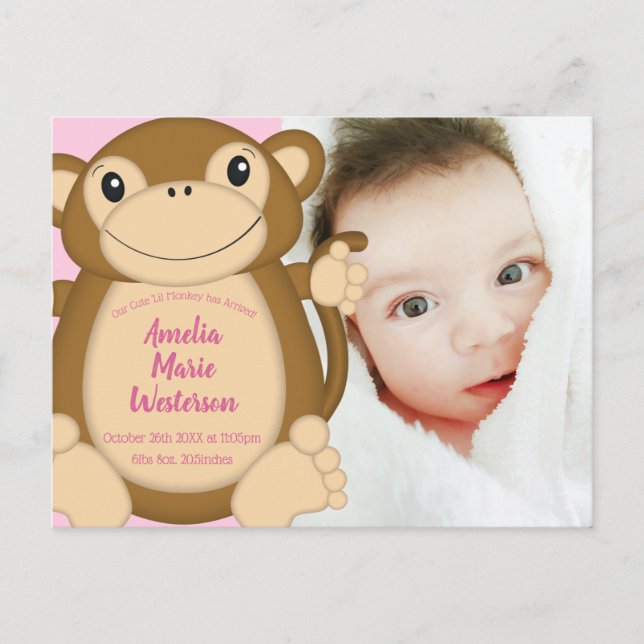 Monkey Baby Shower Pink Postcard (Front)