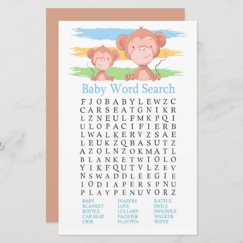 Monkey Baby Shower Word Search Game