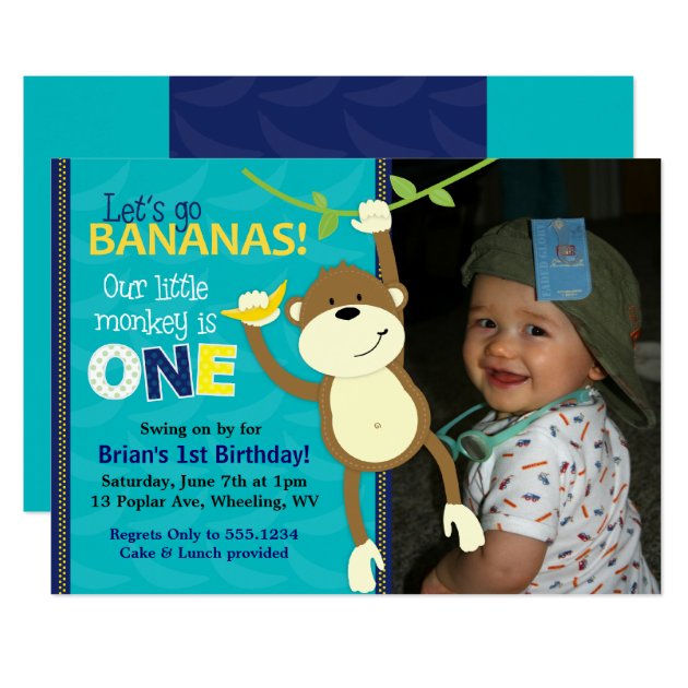 Monkey Bananas First Birthday Photo Invitations