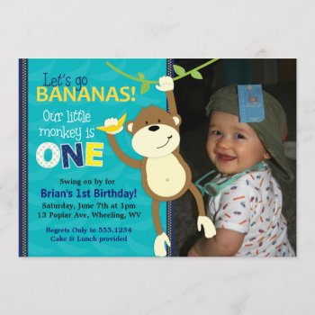 Monkey Bananas First Birthday Photo Invitations by LittleBeesGraphics at Zazzle