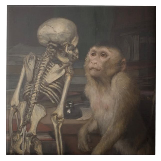 Monkey Before a Skeleton (by Gabriel von Max) Ceramic Tile (Front)